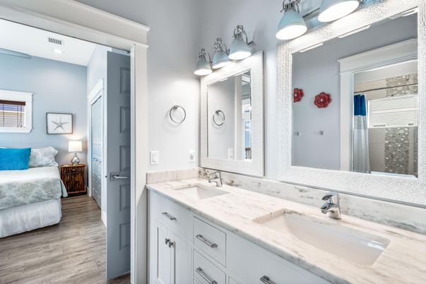 Bathroom, Bedroom, Dual Sink Vanities, Interior, Recessed Lighting, Wood Texture Flooring