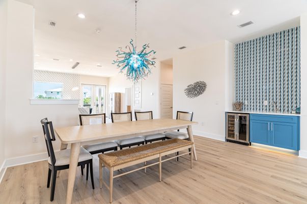 Dining room, Interior, Pendant Lights, Recessed Lighting, Wood Texture Flooring