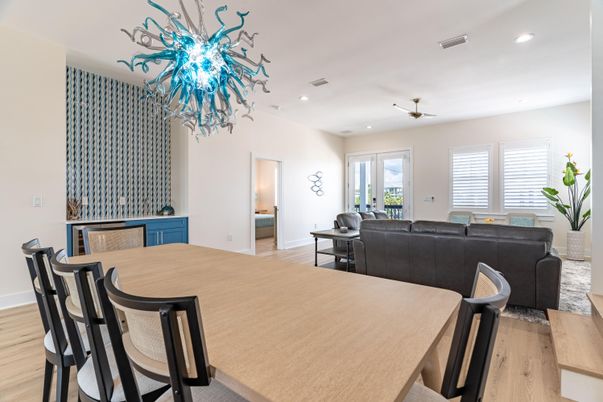 Chandelier, Dining room, Interior, Living room, Recessed Lighting, Wood Texture Flooring