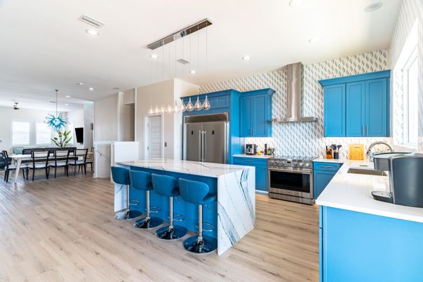 Dining room, Interior, Kitchen, Pendant Lights, Recessed Lighting, Stainless Steel Appliances, Wood Texture Flooring