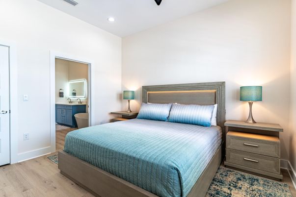 Bedroom, Interior, Recessed Lighting, Wood Texture Flooring