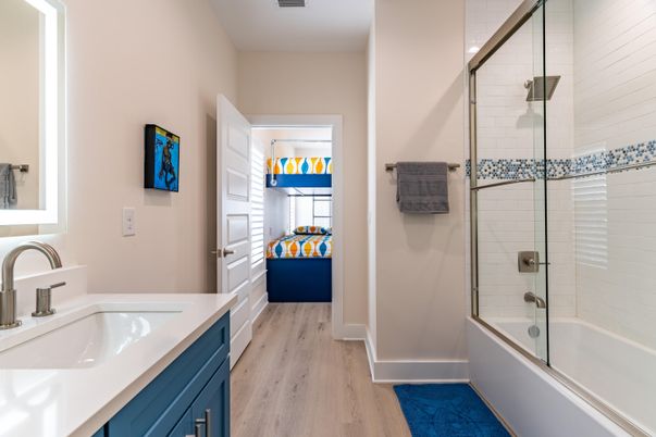 Bathroom, Glass Shower, Interior, Wood Texture Flooring