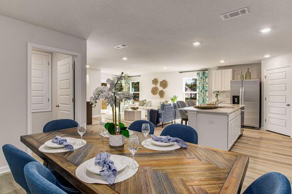 Dining room, Interior, Kitchen, Living room, Recessed Lighting, Stainless Steel Appliances, Wood Texture Flooring