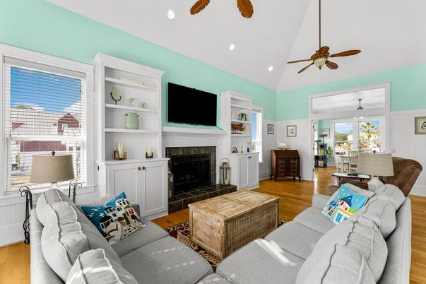 Dining room, Fireplace, Interior, Living room, Recessed Lighting, Wood Texture Flooring