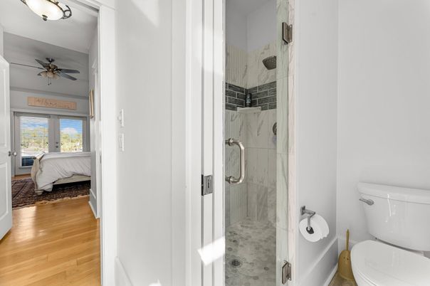 Bathroom, Bedroom, Glass Shower, Interior, Wood Texture Flooring