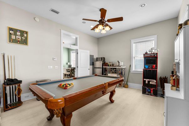 Billiard Table, Game Room, Interior, Recessed Lighting, Wood Texture Flooring