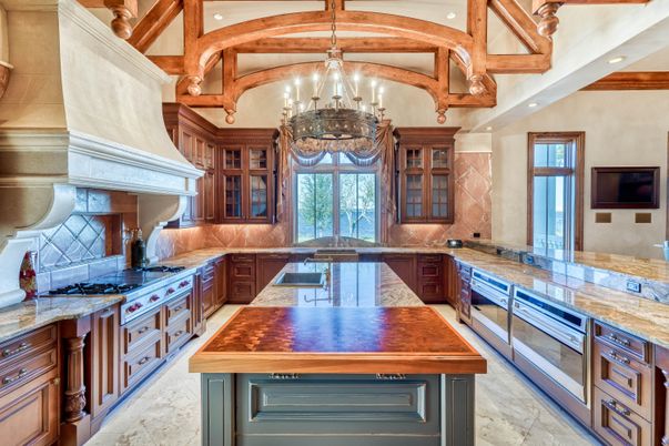 Chandelier, Interior, Kitchen, Recessed Lighting, Stainless Steel Appliances, Wooden Beams