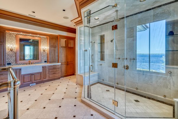 Bathroom, Glass Shower, Interior, Recessed Lighting, Water