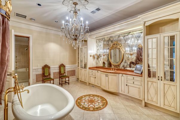 Bathroom, Chandelier, Dual Sink Vanities, Free Standing Baths, Interior, Recessed Lighting
