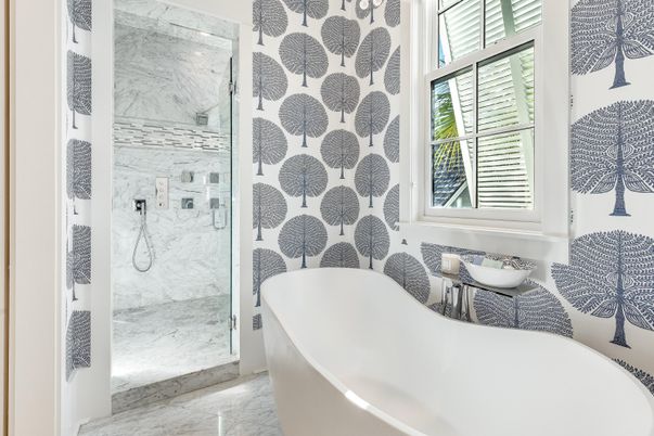 Bathroom, Free Standing Baths, Glass Shower, Interior, Marble, Marble Walls