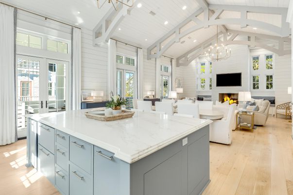 Chandelier, Fireplace, Interior, Kitchen, Living room, Recessed Lighting, Wood Texture Flooring