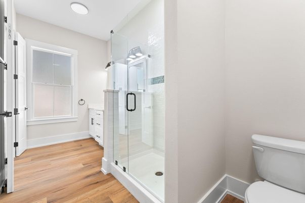 Bathroom, Glass Shower, Interior, Wood Texture Flooring
