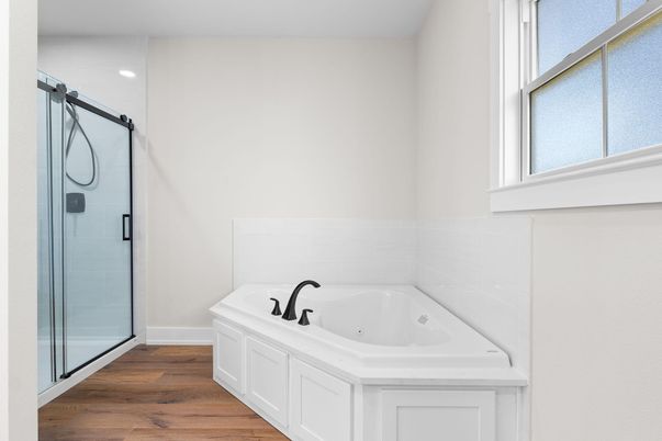 Bathroom, Glass Shower, Interior, Recessed Lighting, Wood Texture Flooring