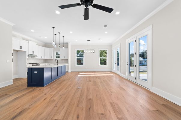 Empty room, Interior, Kitchen, Pendant Lights, Recessed Lighting, Wood Texture Flooring