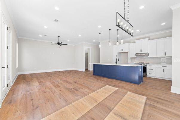 Empty room, Interior, Kitchen, Pendant Lights, Recessed Lighting, Wood Texture Flooring