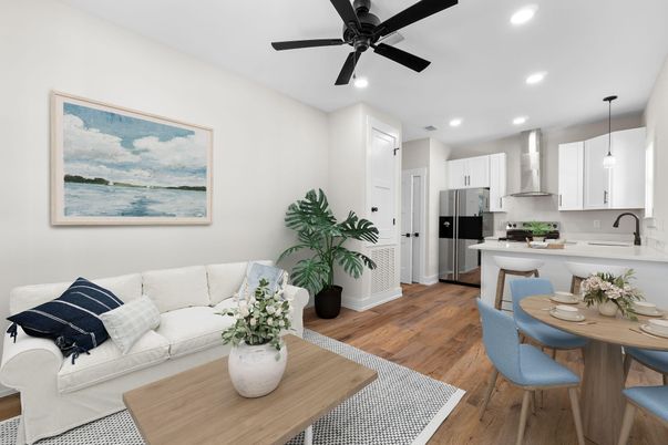 Dining room, Interior, Kitchen, Living room, Pendant Lights, Recessed Lighting, Stainless Steel Appliances, Wood Texture Flooring