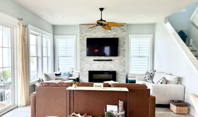Fireplace, Interior, Living room, Recessed Lighting, Stone Walls, Wood Texture Flooring