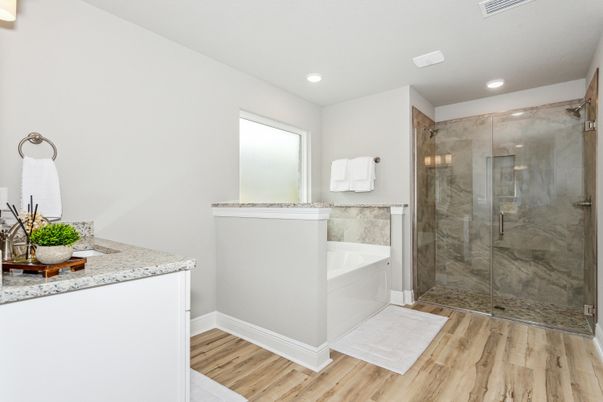Bathroom, Glass Shower, Interior, Recessed Lighting, Wood Texture Flooring