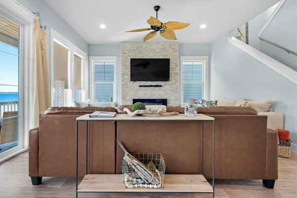Fireplace, Home Office, Interior, Living room, Recessed Lighting, Stone Walls, Wood Texture Flooring