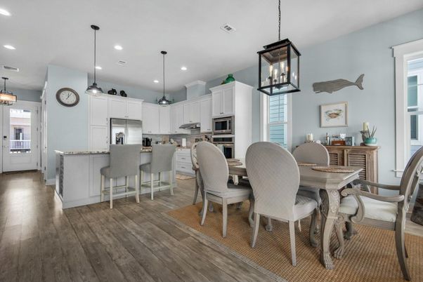 Dining room, Interior, Kitchen, Pendant Lights, Recessed Lighting, Stainless Steel Appliances, Wood Texture Flooring