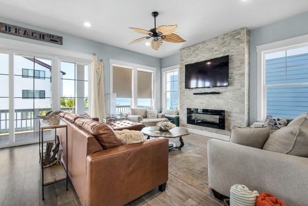 Fireplace, Interior, Living room, Recessed Lighting, Stone Walls, Wood Texture Flooring