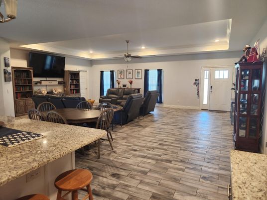 Dining room, Interior, Living room, Recessed Lighting, Wood Texture Flooring