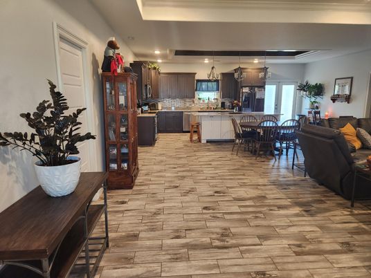 Dining room, Interior, Kitchen, Living room, Pendant Lights, Recessed Lighting, Wood Texture Flooring