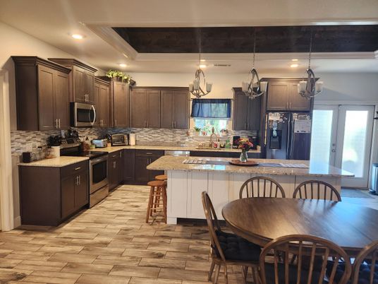 Dining room, Interior, Kitchen, Pendant Lights, Recessed Lighting, Wood Texture Flooring