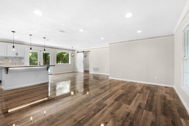 Empty room, Interior, Kitchen, Pendant Lights, Recessed Lighting, Wood Texture Flooring