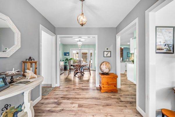 Dining room, Interior, Pendant Lights, Wood Texture Flooring