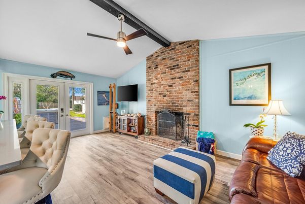 Fireplace, Interior, Living room, Stone Walls, Wooden Beams, Wood Texture Flooring