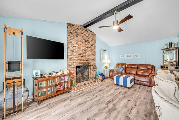 Fireplace, Interior, Living room, Stone Walls, Wood Texture Flooring