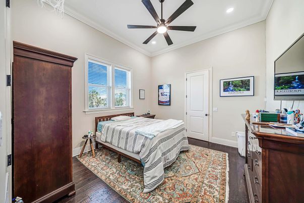 Bedroom, Interior, Recessed Lighting, Wood Texture Flooring