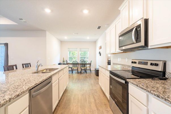 Dining room, Interior, Kitchen, Recessed Lighting, Wood Texture Flooring