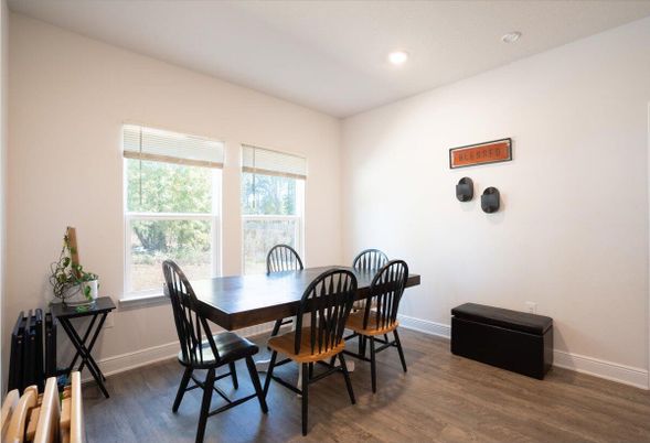 Dining room, Interior, Recessed Lighting, Wood Texture Flooring