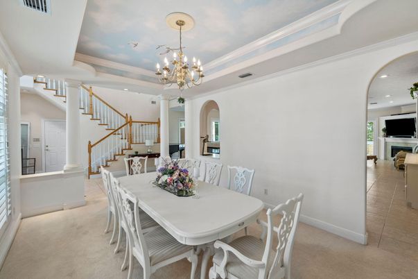 Chandelier, Dining room, Fireplace, Interior, Recessed Lighting