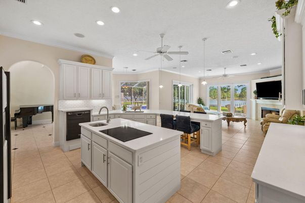 Dining room, Fireplace, Interior, Kitchen, Living room, Pendant Lights, Recessed Lighting