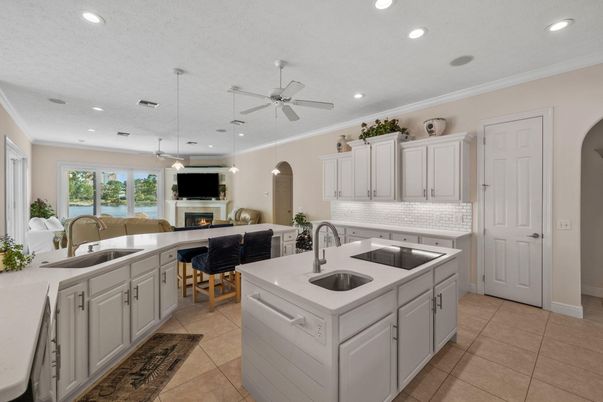 Fireplace, Interior, Kitchen, Living room, Pendant Lights, Recessed Lighting