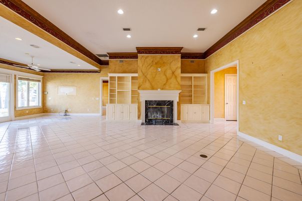 Empty room, Fireplace, Interior, Recessed Lighting, Wooden Beams