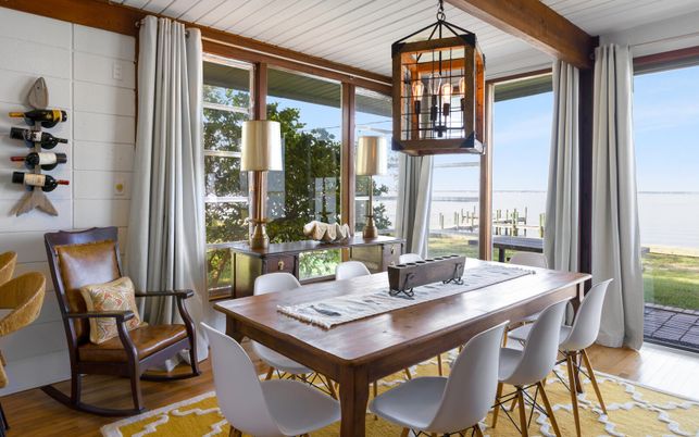 Dining room, Interior, Water, Wooden Beams, Wood Texture Flooring