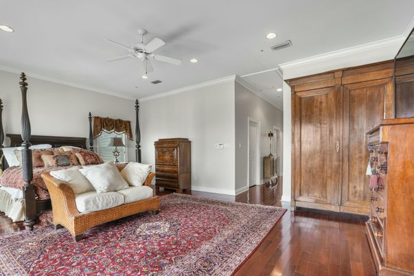 Bedroom, Interior, Recessed Lighting, Wood Texture Flooring