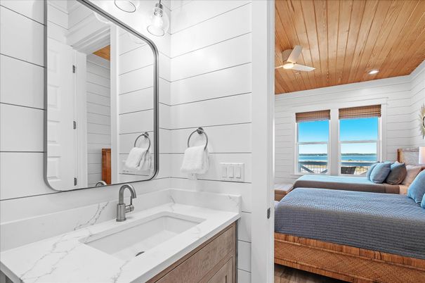 Bathroom, Bedroom, Dual Sink Vanities, Interior, Recessed Lighting, Water, Wooden Ceilings