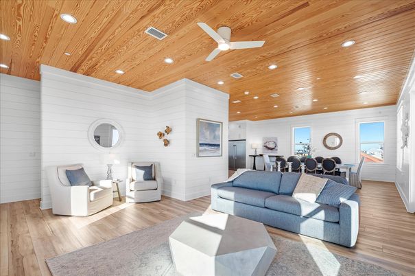 Dining room, Interior, Living room, Recessed Lighting, Wooden Ceilings, Wood Texture Flooring