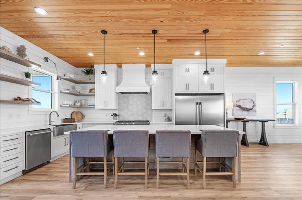 Interior, Kitchen, Pendant Lights, Recessed Lighting, Stainless Steel Appliances, Wooden Ceilings, Wood Texture Flooring