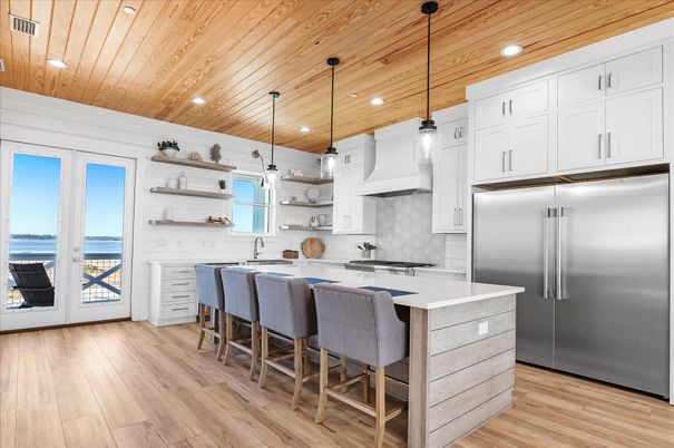 Interior, Kitchen, Pendant Lights, Recessed Lighting, Stainless Steel Appliances, Wooden Ceilings, Wood Texture Flooring