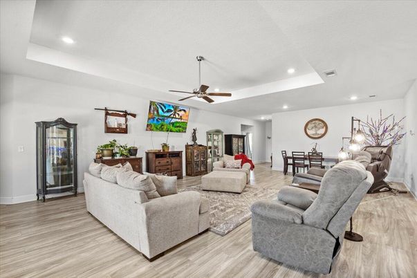 Dining room, Interior, Living room, Recessed Lighting, Wood Texture Flooring