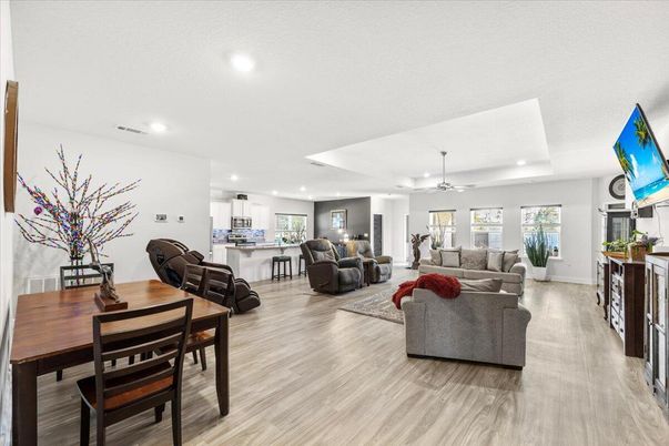 Dining room, Interior, Living room, Pendant Lights, Recessed Lighting, Wood Texture Flooring