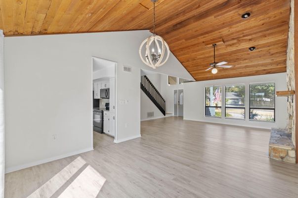 Empty room, Interior, Kitchen, Pendant Lights, Wooden Ceilings, Wood Texture Flooring