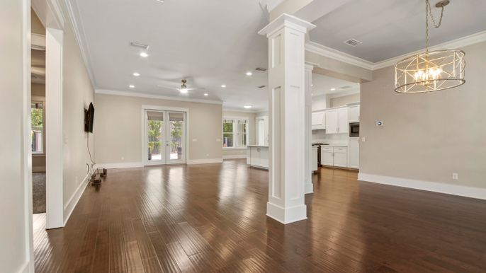 Interior, Kitchen, Pendant Lights, Recessed Lighting, Wood Texture Flooring