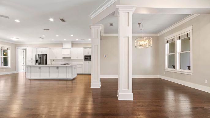 Interior, Kitchen, Pendant Lights, Recessed Lighting, Stainless Steel Appliances, Wood Texture Flooring